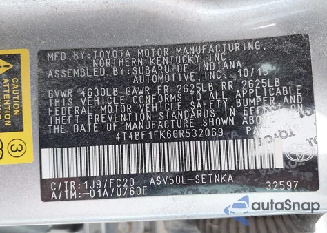 2016 Toyota Camry Le from USA, damaged, VIN 4T4BF1FK6GR532069